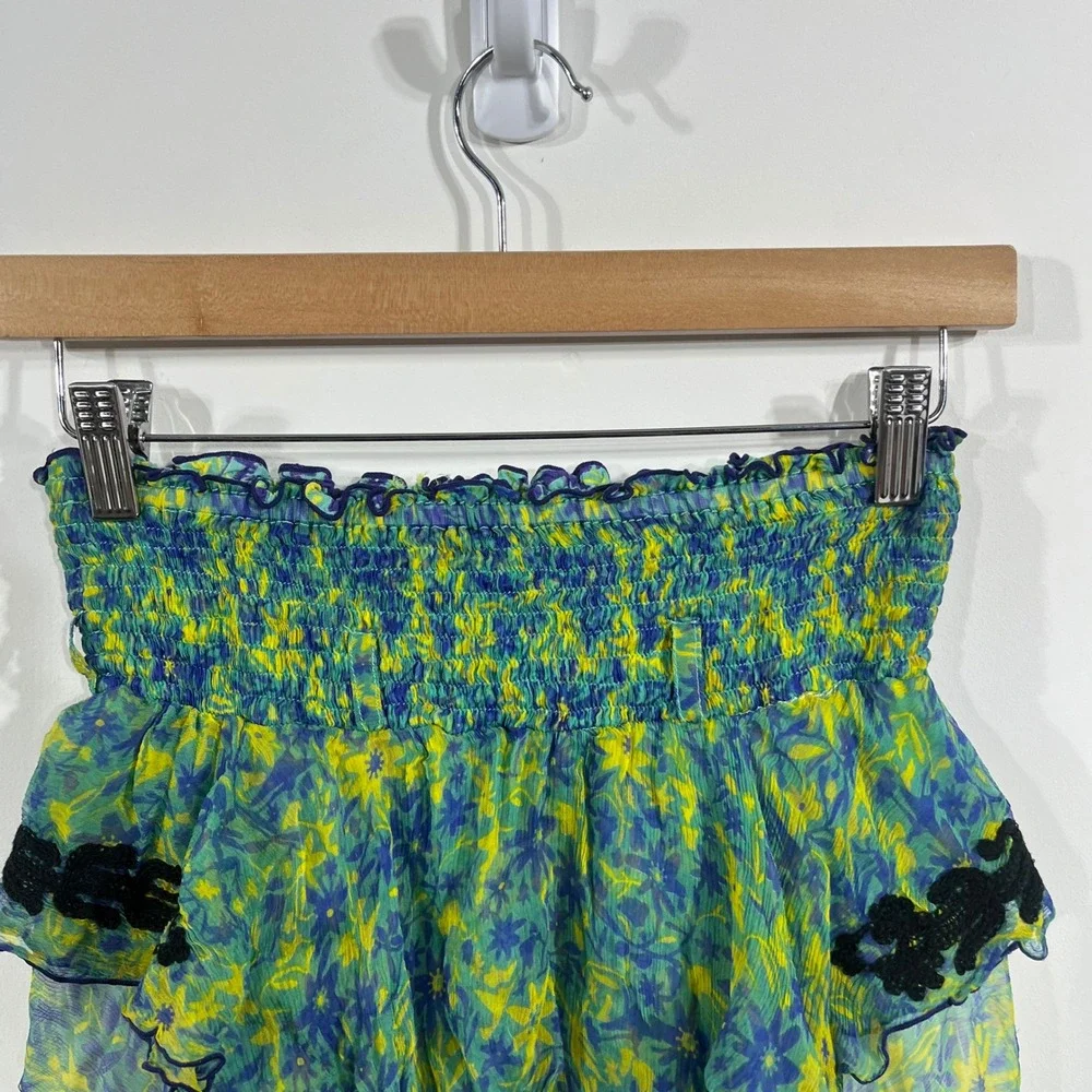 Poupette St Barth Silk Blend Floral Tiered Smocked Mini Skirt Size 0 Lettuce Hem